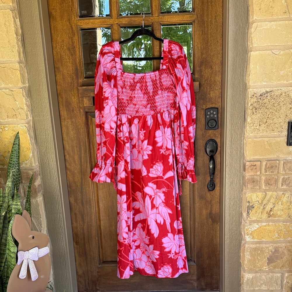 FARM Rio Red and Pink Floral Midi Dress